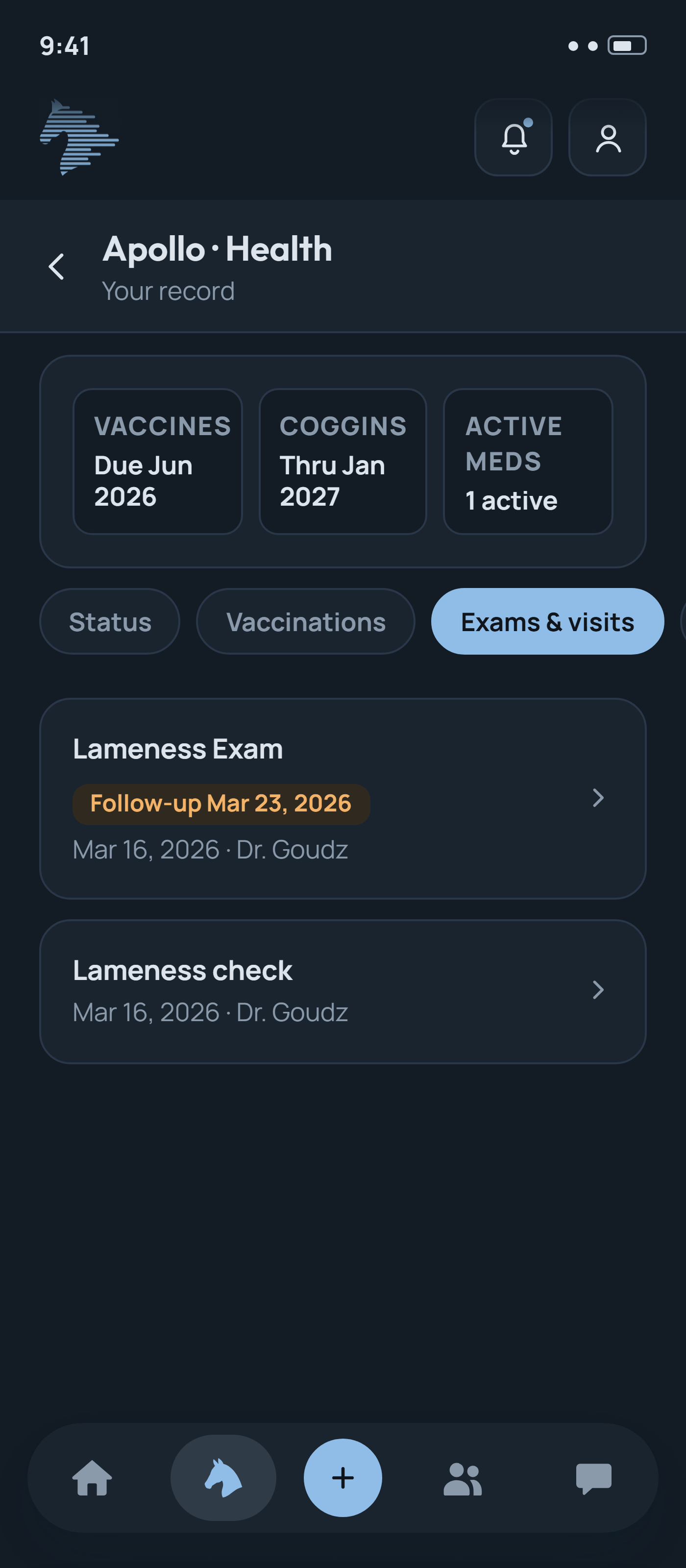 NayNay health record screen showing Apollo's exams and visits, including a lameness exam with Dr. Goudz