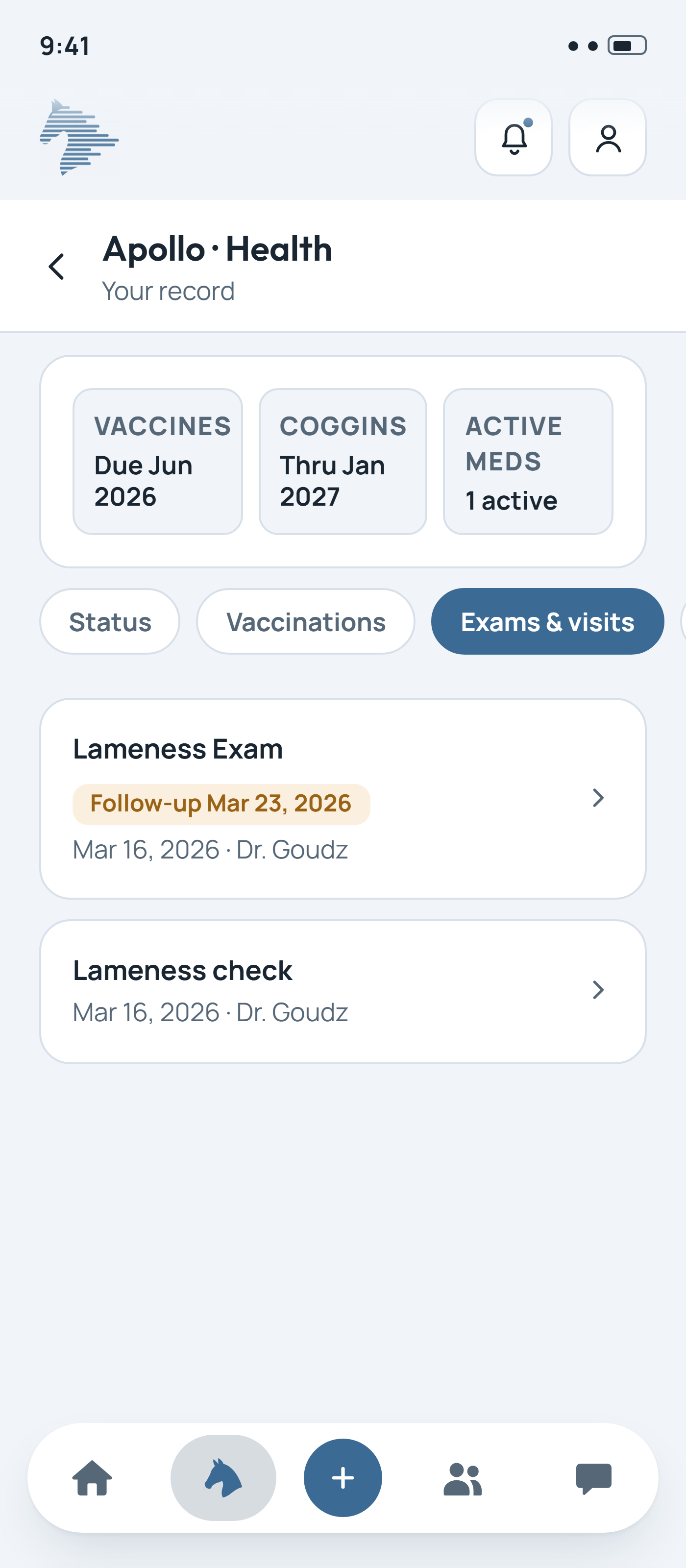 NayNay health record screen showing Apollo's exams and visits, including a lameness exam with Dr. Goudz