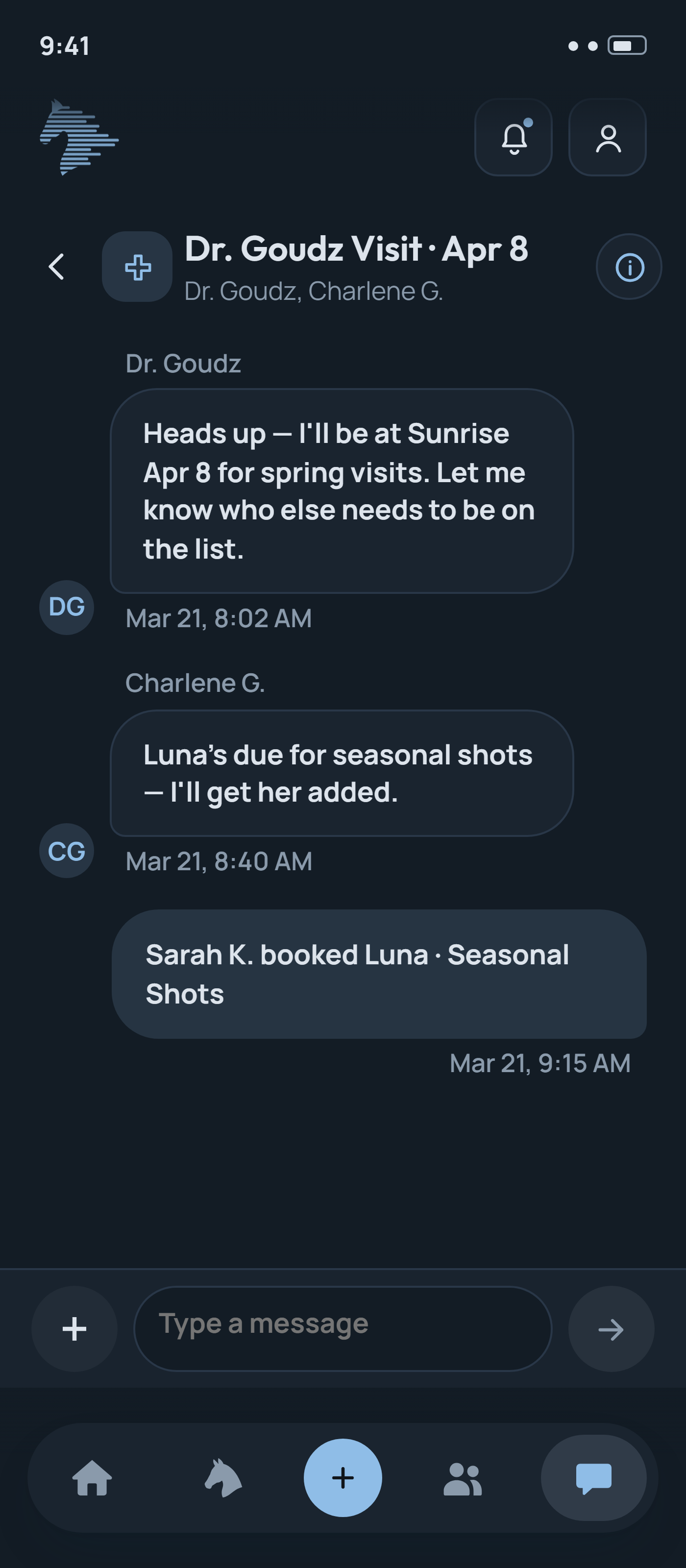 NayNay messaging screen showing a conversation between a vet and barn manager about an upcoming visit
