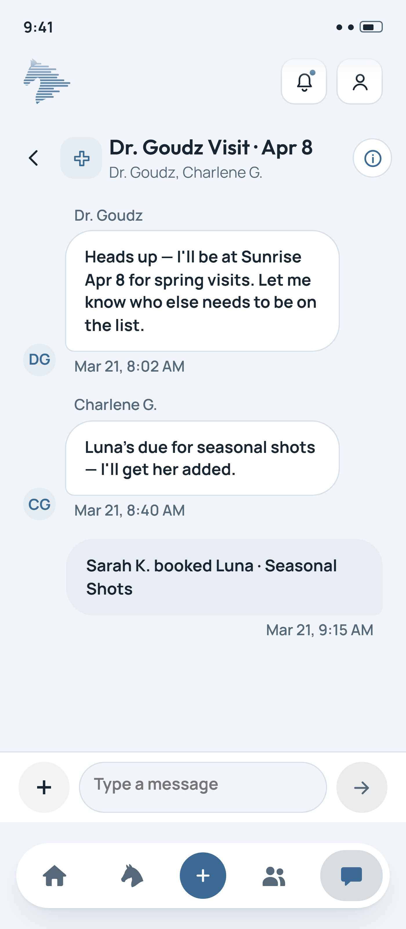 NayNay messaging screen showing a conversation between a vet and barn manager about an upcoming visit
