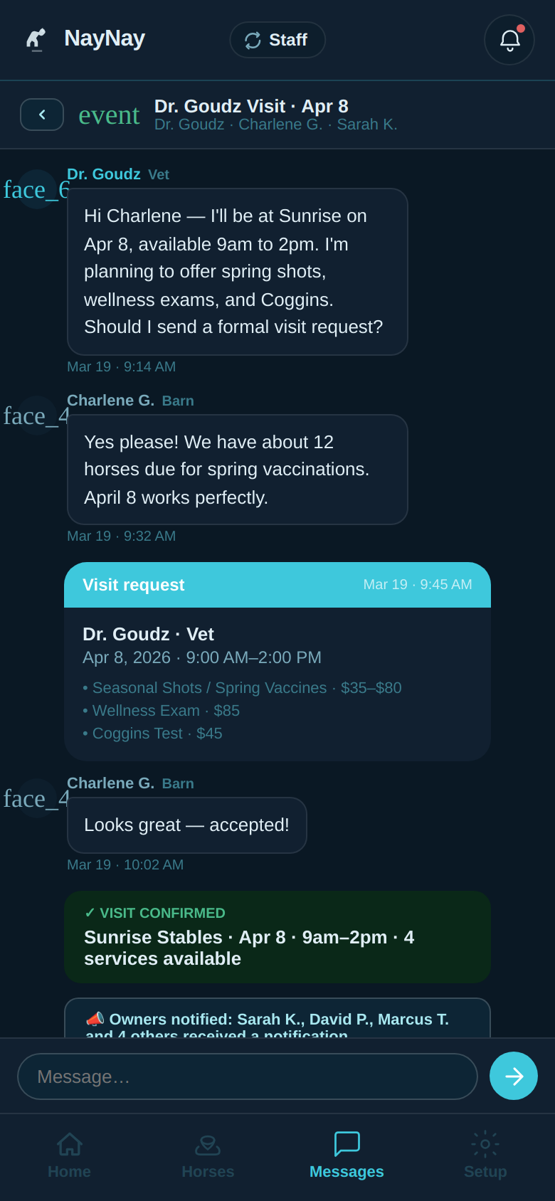 NayNay messaging screen showing a conversation between a vet, barn manager, and owner